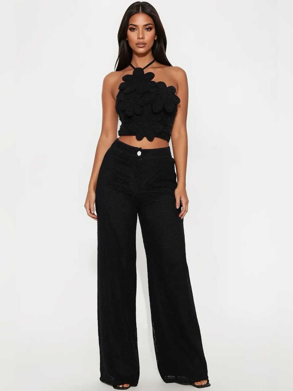 Fashion Nova - Maya 3D Flower Crochet Pant Set - Black Size M